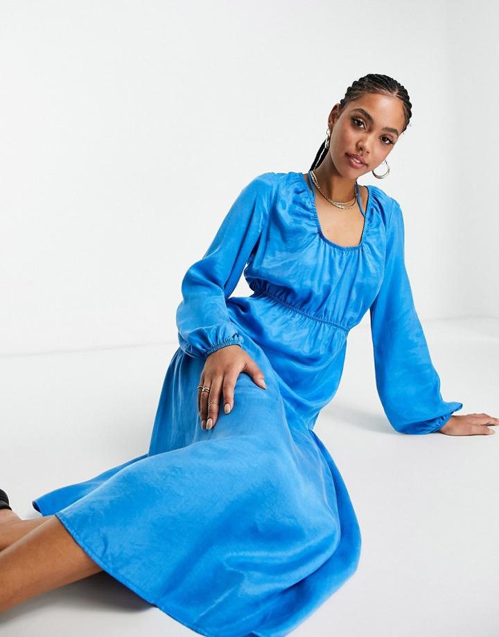 Topshop Gathered Tiered Tie Midi Dress In Cobalt Blue