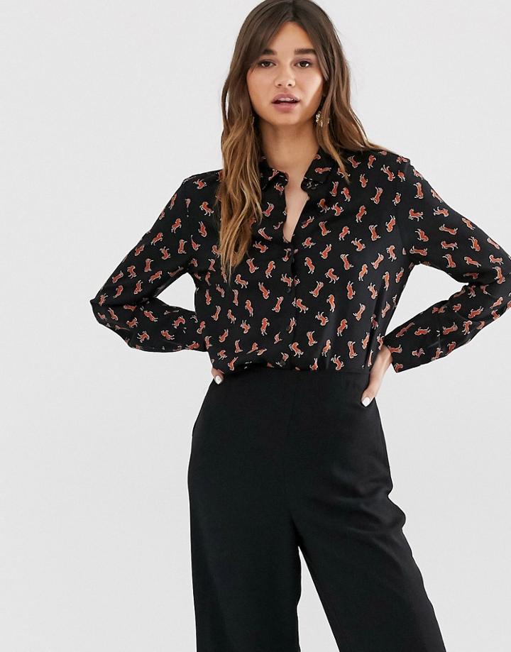 Monki Horse Print Blouse In Black - Black