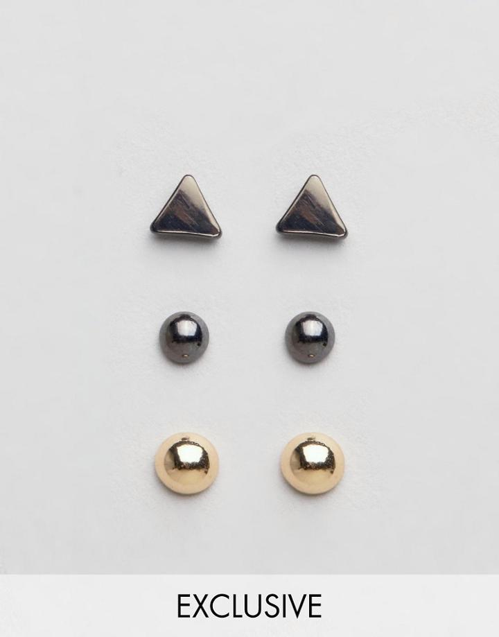 Designb Triangle & Ball Stud Earrings In 3 Pack - Multi