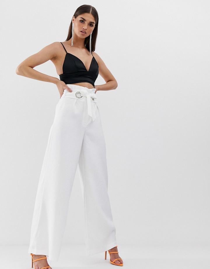 Lavish Alice Wide Leg Tailored Pants With Eyelet Belt In White - White