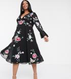 Asos Design Curve Embroidered Midi Dress With Lace Inserts-black