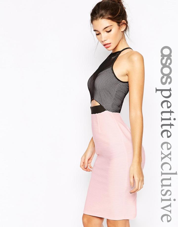 Asos Petite 90's High Neck Body-conscious Dress With Mesh Detail And Cutout - Multi
