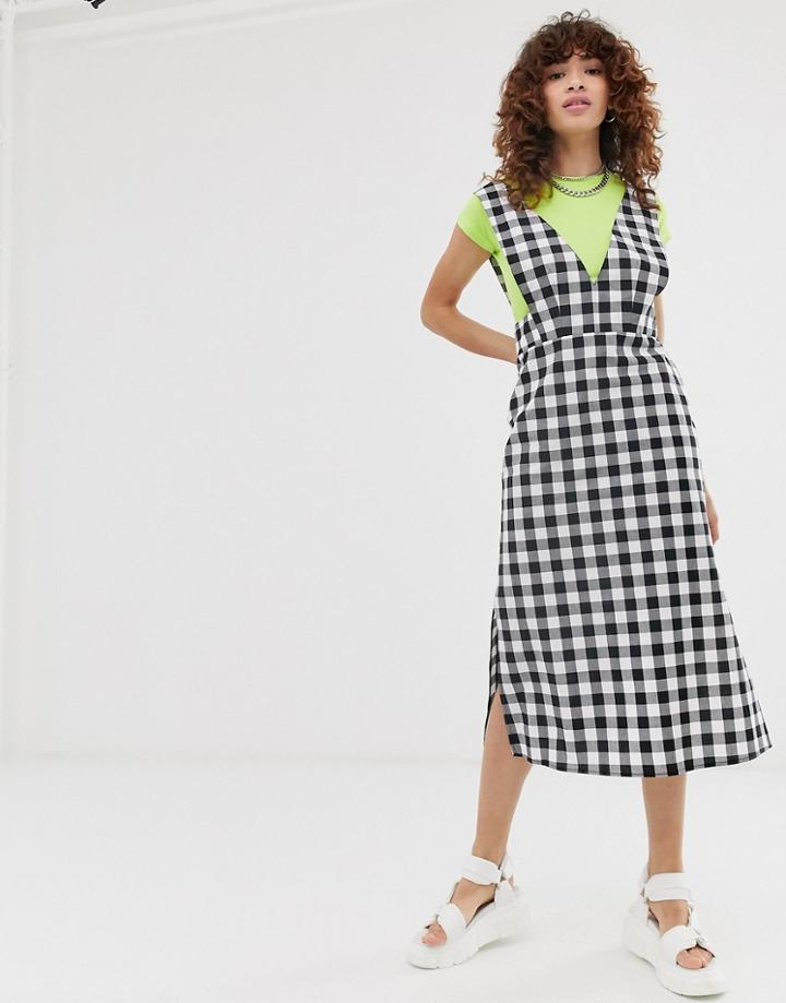 Noisy May Gingham V Front Midi Dress-multi
