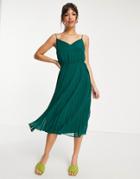 Asos Design Pleated Cami Midi Dress With Drawstring Waist In Forest Green