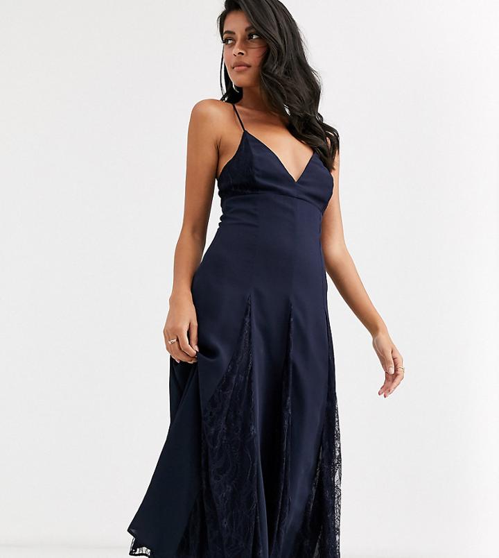 Asos Design Cami Midi Dress With Lace Insert Godets - Navy