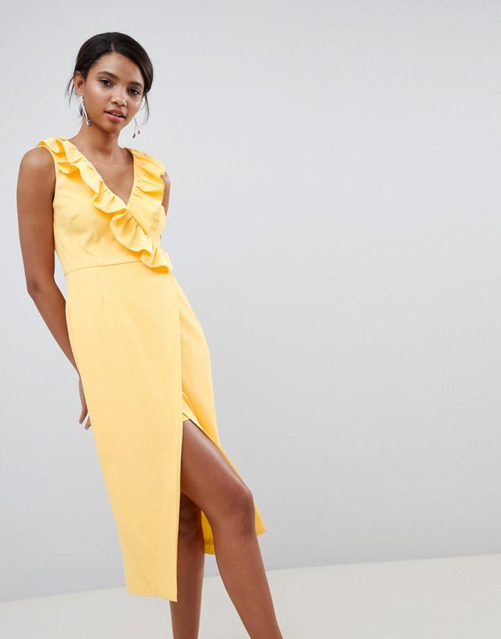 Keepsake Midi Wrap Dress With Ruffle Detail - Yellow