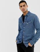 Wrangler Western Denim Shirt Slim Fit In Blue Indigo Mid Wash - Blue