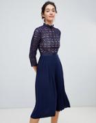 Little Mistress 3/4 Sleeve Lace Top Pleated Midi Dress - Navy