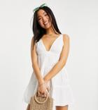 Asos Design Petite Tiered Beach Dress In White Seersucker Stripe