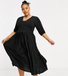 Asos Design Curve Midi Short Sleeve Pleated Dress With Button Detail In Black