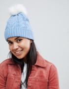 Oasis Cable Knit Beanie With Fur Pom Pom In Blue - Blue