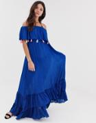 Anmol Tie Dye Off Shoulder Beach Dress With Multi Color Pom Pom Trim - Blue