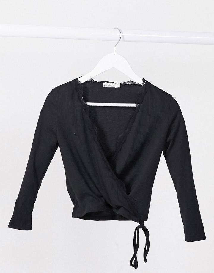 Stradivarius Wrap Long Sleeve Top With Lace Detail In Black