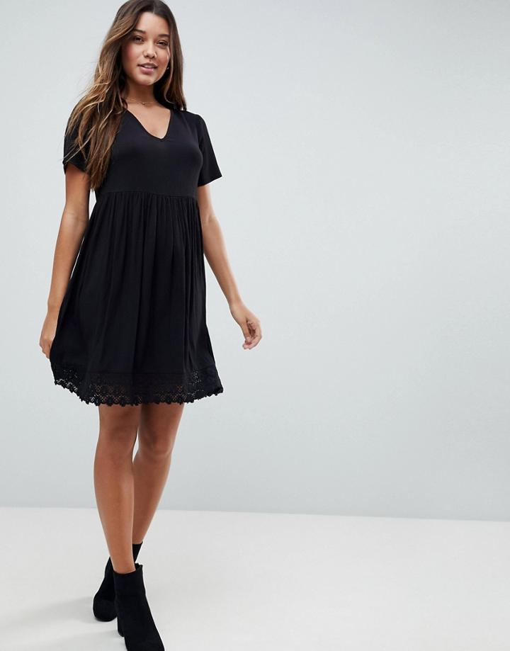 Asos V Neck Smock Dress With Lace Hem - Black