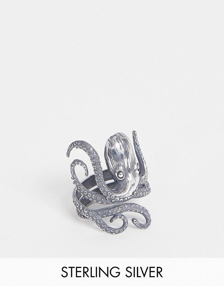 Asos Design Sterling Silver Ring With Octopus Design In Burnished Silver