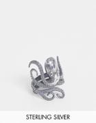Asos Design Sterling Silver Ring With Octopus Design In Burnished Silver