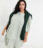 Only Curve Midi Smock Dress With Tiering In Sage Green