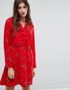 Vero Moda Floral Printed Tea Dress With Frill Detail - Red