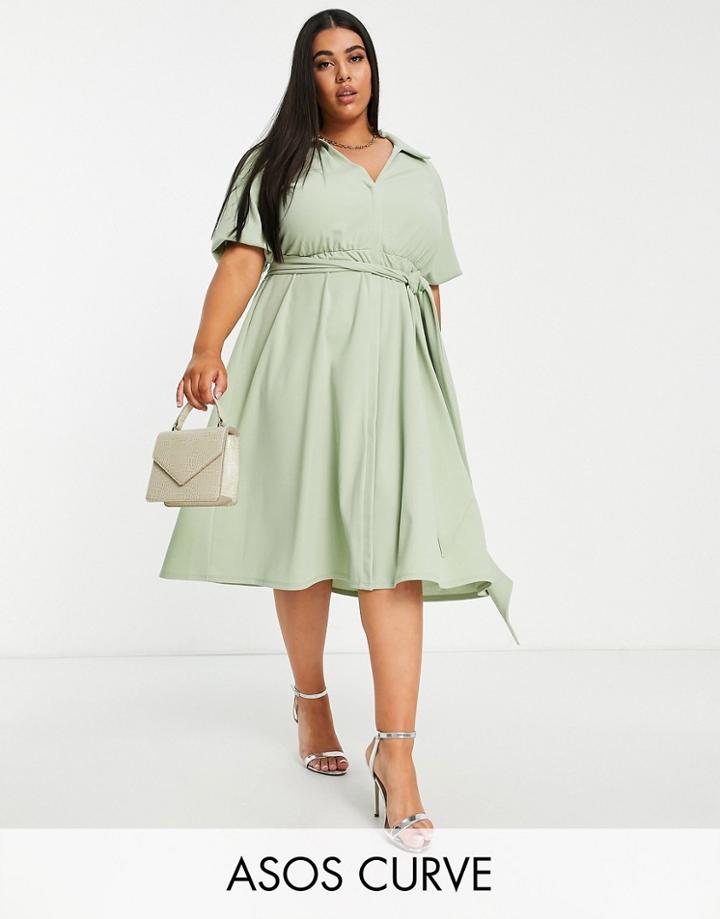 Asos Design Curve Wrap Shirt Midi Skater Dress With Self Belt In Sage-green