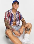 Asos Design Camp Collar Shirt In Navy Pattern Stripe
