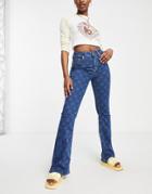 Only Flower & Checkerboard High Waisted Flared Jeans In Dark Blue Wash
