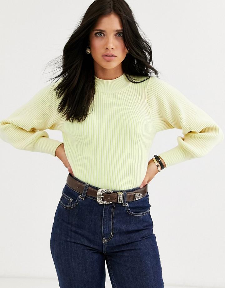Mango Ribbed Volume Sleeve Sweater In Yellow