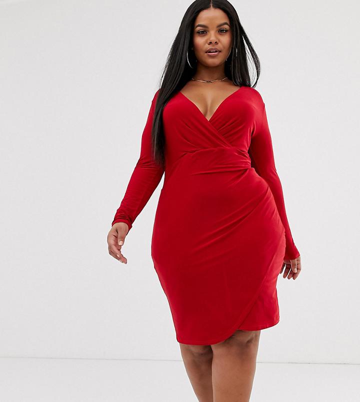 Koco & K Plus Slinky Wrap Front Asymmetric Pencil Dress In Red - Red