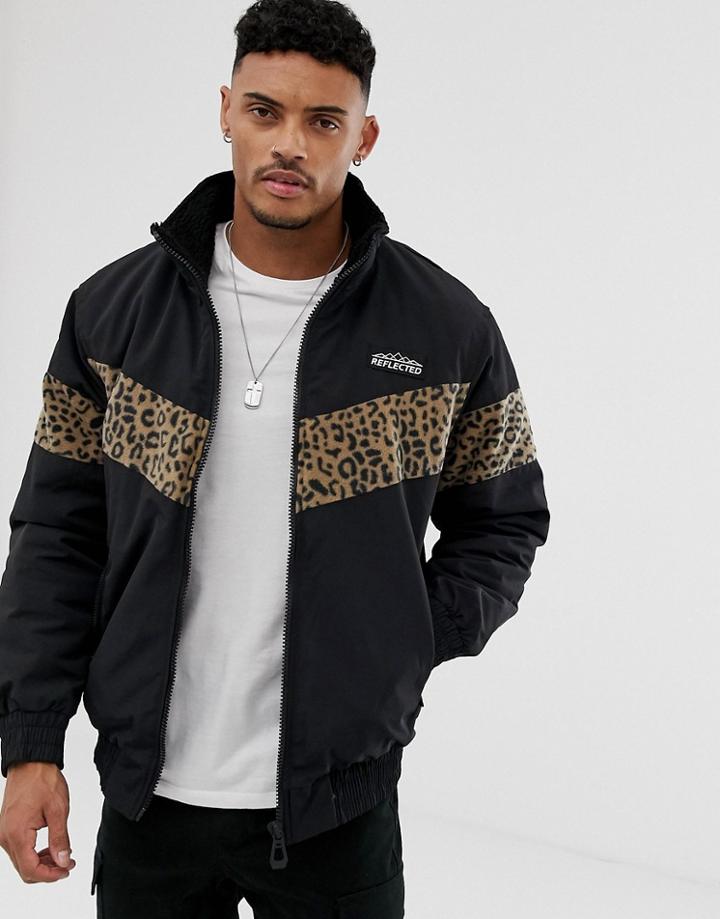 Bershka Jacket With Leopard Print Fleece Panels In Black - Black