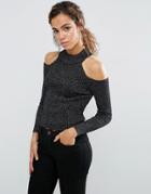 Qed London High Neck Long Sleeve Cold Shoulder Top - Black