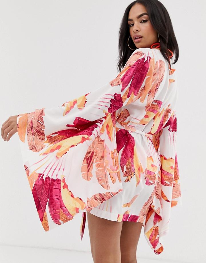 Asos Design Sunray Palm Print Exaggerated Sleeve Beach Kimono - Multi