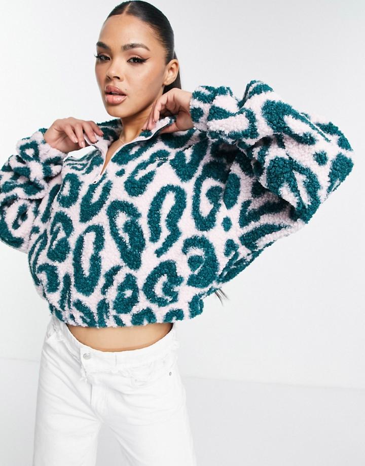 Reebok Classics Leopard Print Half Zip Sherpa Sweatshirt In Pink/blue