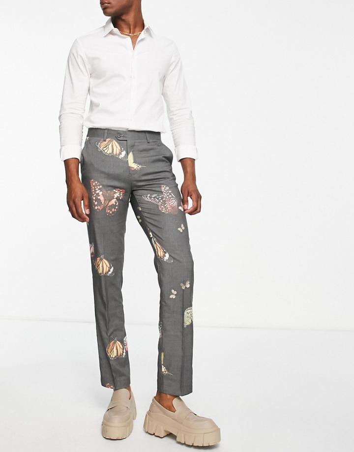 Devils Advocate Slim Suit Pants In Butterfly Print-navy