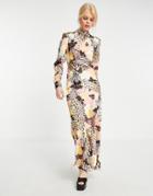 Asos Design Modesty High Neck Maxi Satin Tea Dress In Animal Floral Mixed Print-multi