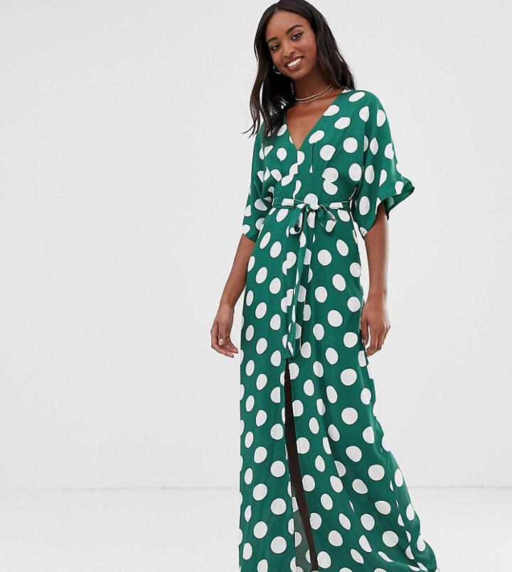 Glamorous Tall Maxi Dress With Kimono Sleeves And Tie Waist In Polka Dot-green