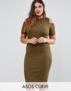 Asos Curve Cold Shoulder Bodycon Dress In Rib - Green