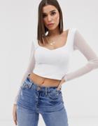 Asos Design Sweetheart Neck Top With Mesh Sleeve - White