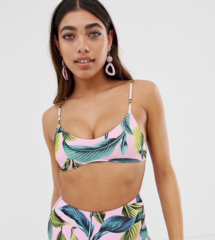 Monki Cross Back Tropical Print Bikini Top In Pink - Pink