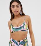 Monki Cross Back Tropical Print Bikini Top In Pink - Pink