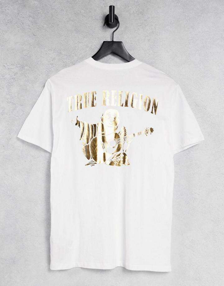 True Religion Gold Outline Buddha Logo Crew Neck T-shirt-white