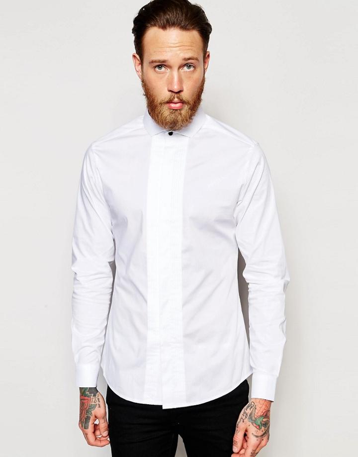 Asos Skinny Shirt In White With Pleat Front And Double Cuff - White