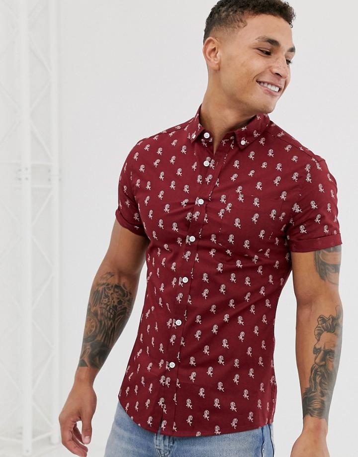 Asos Design Skinny Fit Shirt In Burgundy Rose Print-red