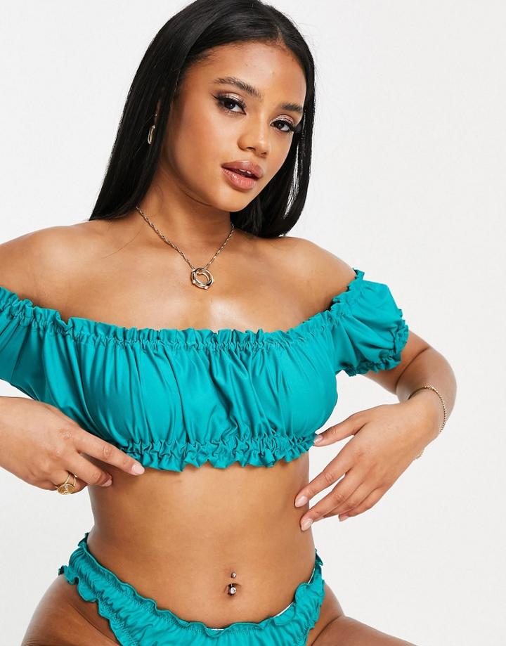Asos Design Puff Sleeve Ruched Crop Bikini Top In Green