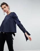 Asos White Satin Bow Sleeve Top - Navy