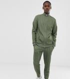 Asos Design Tall Tracksuit Bomber Jacker / Tapered Cropped Sweatpants In Khaki Pin Stripe-green