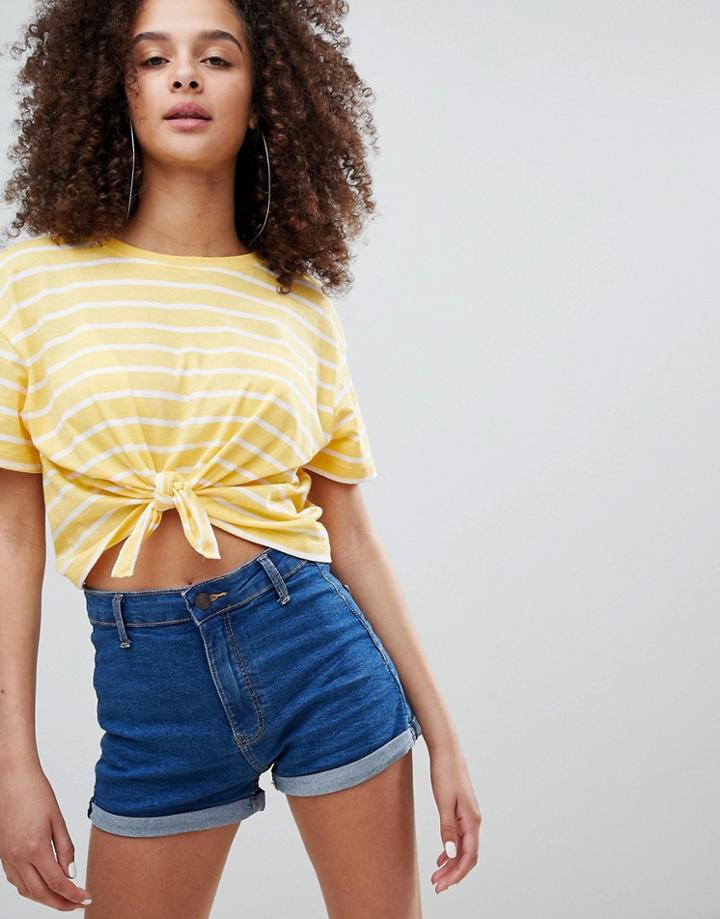 Bershka High Waist Denim Short - Blue