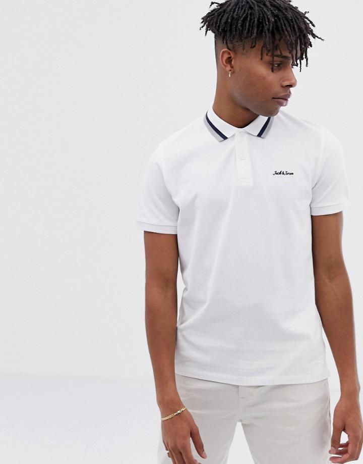 Jack & Jones Originals Polo With Logo And Tipped Collar In White - White