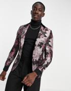 Twisted Tailor Suit Jacket With Contrast Lapel In Black And Pink Floral Jaquard