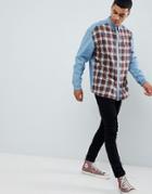 Asos Design Oversized Denim Shirt With Check Front - Blue