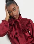 Femme Luxe Satin Ruffle Tie Neck Shirt In Berry-purple