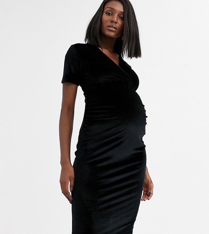 Blume Maternity Exclusive Velvet Wrap Front Stretch Midi Dress In Black-red